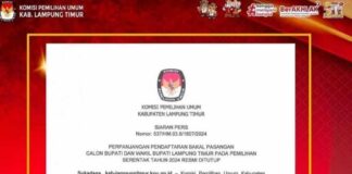 KPU Lamtim Tutup Pendaftaran, Hanya Terdapat Calon Tunggal Yang Dinyatakan Lengkap