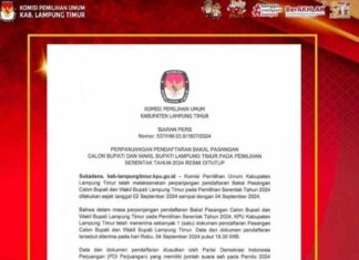 KPU Lamtim Tutup Pendaftaran, Hanya Terdapat Calon Tunggal Yang Dinyatakan Lengkap